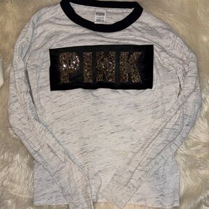PINK Victoria's Secret White Long Sleeve Tee with Sequin Logo